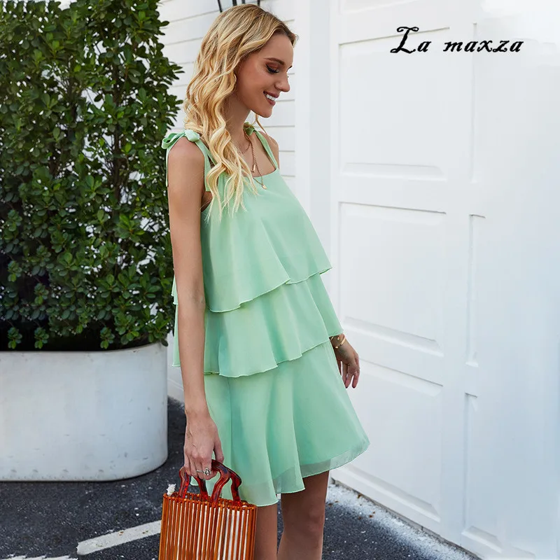 

Casual Sweet Elegant Women Dress 2020 Summer Ruffles Mini Dress Women Spaghetti Straps Dress