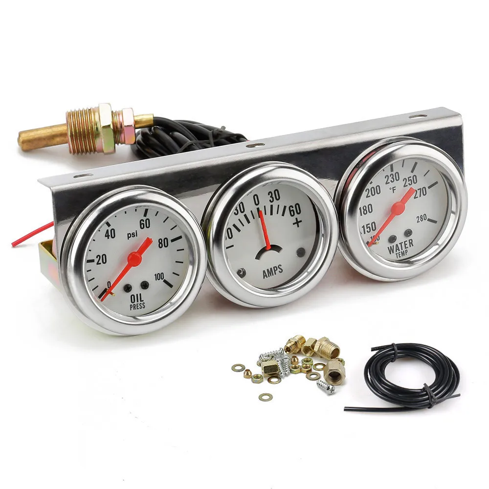 

52mm Car Triple Gauge Kit Volts Water Temp Celsius / Fahrenheit Oil Press KG / PSI 3 In 1 Kit Chrome Meter White Dial