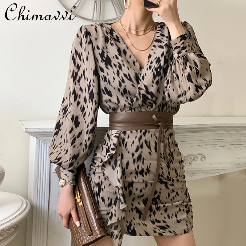 

Korean Elegant Leopard Print V Neck Dress Women Cross Waist Ruffled Sheath Short Dress Female Long Sleeve High Waist Dress
