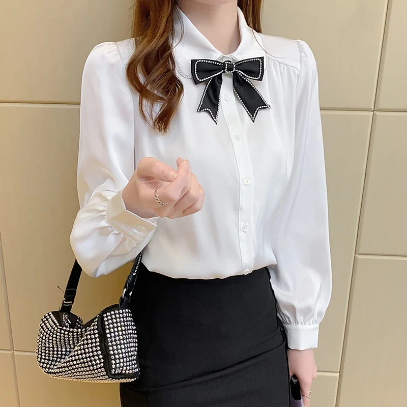 

#5066 белая бежевая шифоновая рубашка, Женская Офисная рубашка с отложным воротником и бантом, элегантная женская рубашка с длинными рукавами...