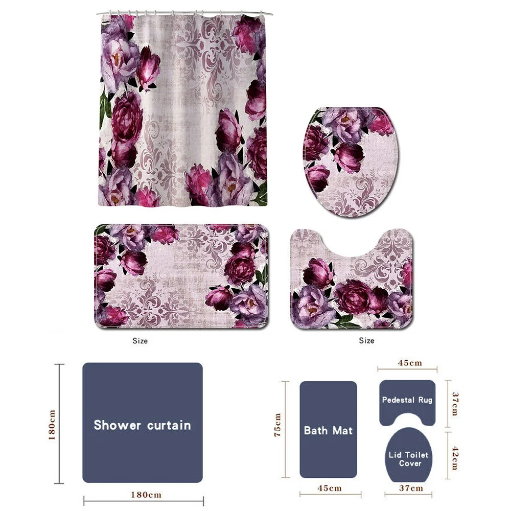 

European Style Flower Design Toilet Floor Mat Shower Curtain Set Bathroom Non-Slip Absorbent Carpet Shower Curtains Set