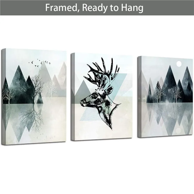 

Abstract Geometry Wall Art Landscape Mountain Canvas Painting Wood Framed Home Poster Decoration Deer Triangle for Living Room