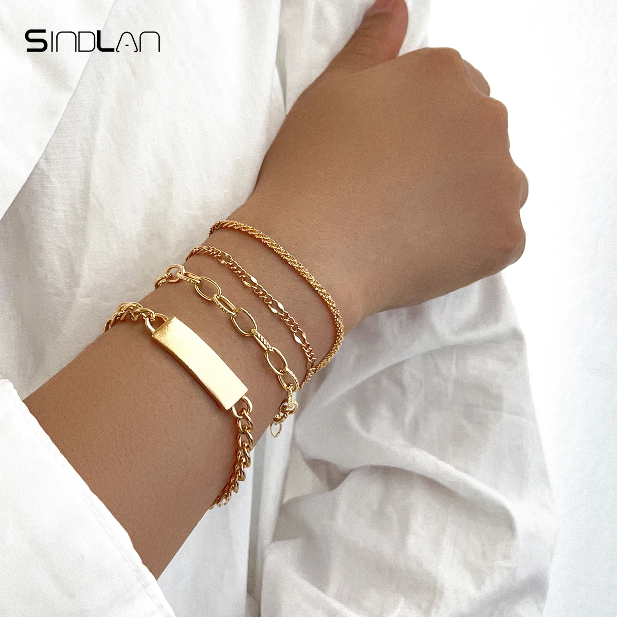 

Sindlan 4Pcs Punk Gold Color Chain Bracelet for Women Hip Hop Charms Geometric Set Couple Vintage 2021 Emo Fashion Wrist Jewelry