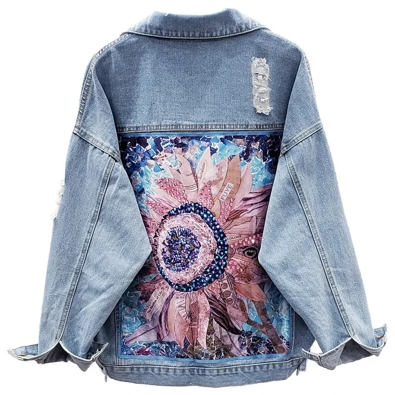 

Spring Autumn Boho Sequin Floral Appliques Embroidery Coat Long Sleeve Outerwear Female Veste femme Women Denim Jacket feminine