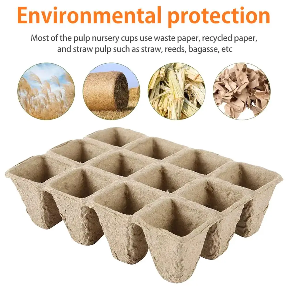 

12-Hole Pulp Seedling Tray Disposable Nursery Tray Degradable Garden Planter Eco-Friendly Nursery Plates Pulp Pots 8PCS