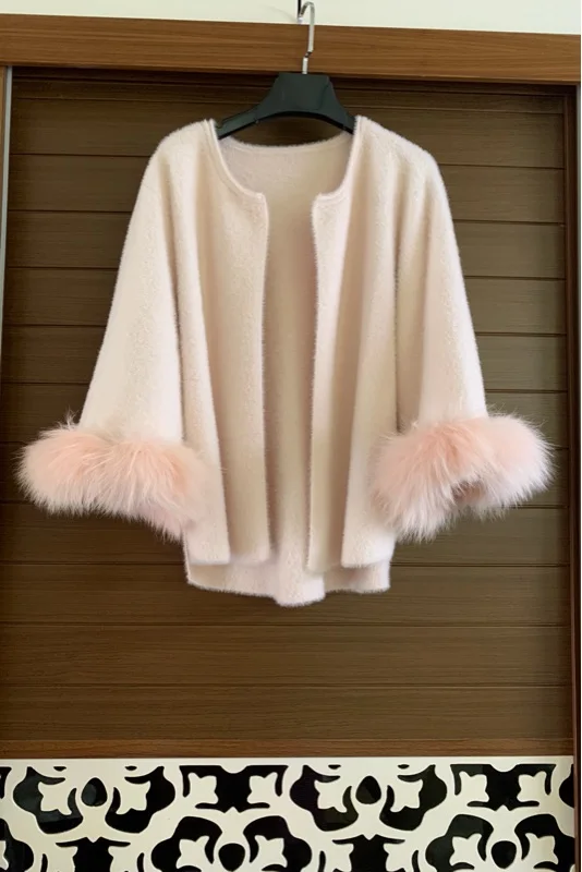 

New Autumn Women real fox Fur Cape Shawl Cardigan beige Women Tassel Knit Cardigan Sweater Mink cashmere Warm Coat