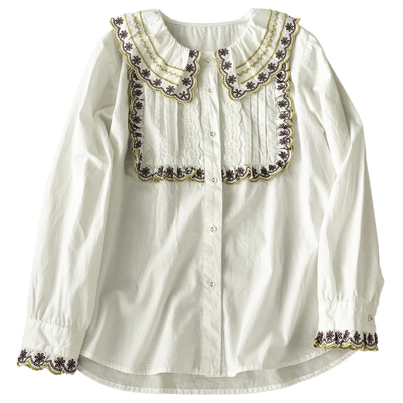 

Женская рубашка с длинным рукавом, в стиле ретро, с вышивкой и большим лацканом, повседневная, весна-осень, MisU45