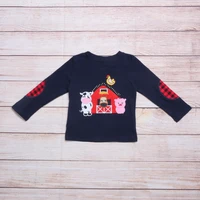 autumn t shirt for boys navy blue long sleeve red plaid patch farm cow pig and hen embroidery pattern t shirt