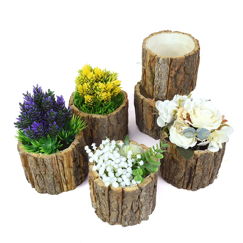 

Natural Wooden Plant Pot Vintage Round Table Decorative Style Wooden Flowerpot Fake Tree Bark Succulent Plant Creative Container