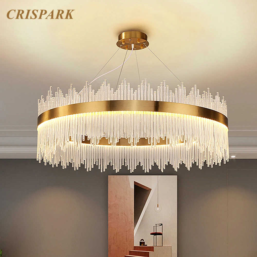 

Gold Modern Chandelier Light Glass Tube Round Living Room Suspended Ceiling Lamp Art Deco Indoor Light Fixture for Kitchen Hotel