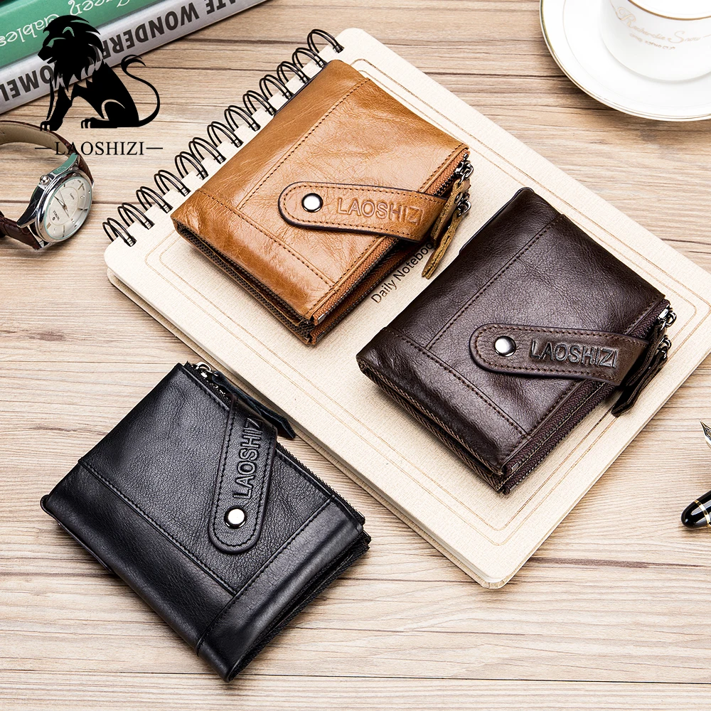 LAOSHIZI мужской кошелек брендовый с двойной молнией и застежкой из натуральной кожи