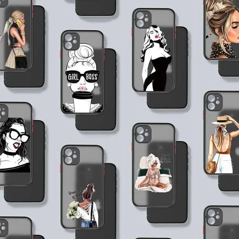 

Luxury Trend Coffee Girl Boss Phone Case Matte Transparent for iPhone 7 8 11 12 s mini pro X XS XR MAX Plus mobile bags
