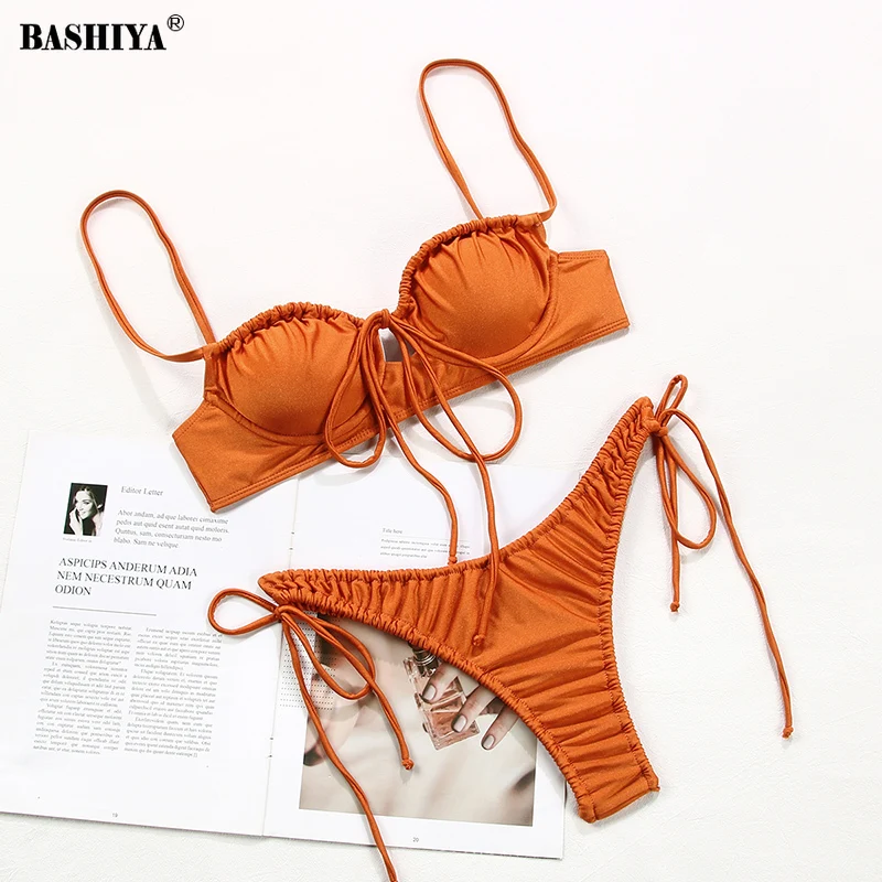 

Sexy Bikinis 2021 Cup Swimsuit Push Up Biquini Bandage Leopard String Bikini Set Folds Swimwear Women Solid Beach Bathing Suit