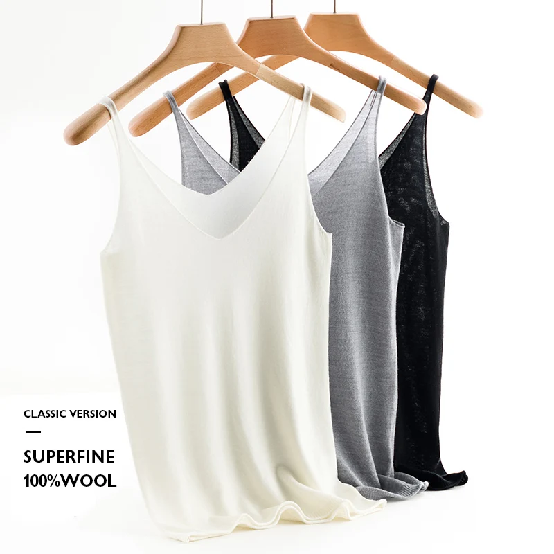

2021 Hot Tanks Wear 100% Merino Wool Super Thin Tank Top V-Neck Spaghetti Straps Women Knit Camis Feminine All-Match Camisole