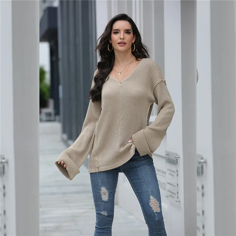 

Casual V-neck Women Sweater 2020 Autumn Fashion Hot-sale Loose Knitting Sweater for Ladies