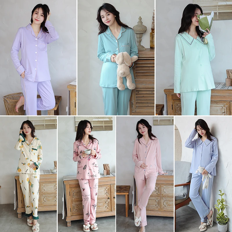 

Spring Cotton Maternity Breastfeeding Top+belly Lifting Pants Suit Casual Women Pregnant Homewear Pajamas Set Nursing Pyjama