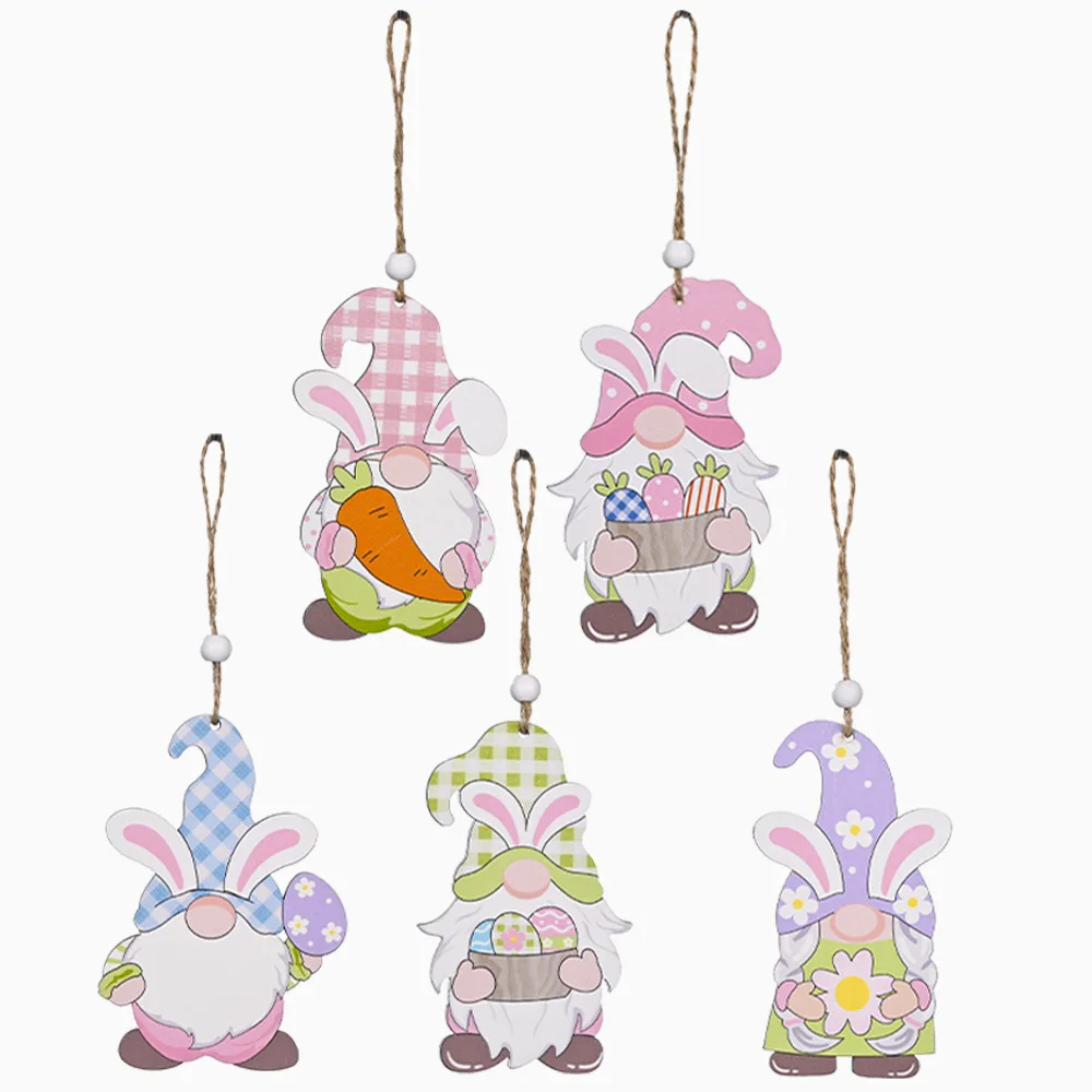 

40 PCS Easter Bunny Wooden Gnome Hanging Ornaments Holiday Decorations with Strings Home Party Supplies 5 Styles Wholesale XB