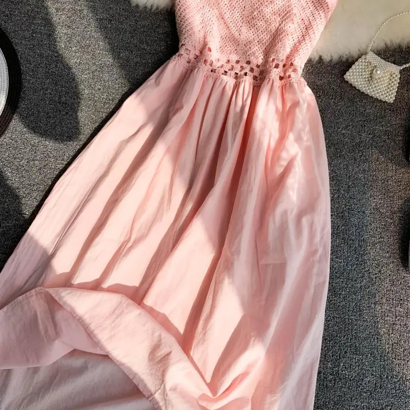 

Boho Knitted Patchwork Sexy V Neck Spaghetti Strap Summer Long Dress Party Women Casual High Waist Beach Holiday tunic dress