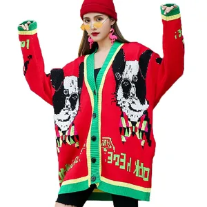 Vefadisa красного и зеленого цвета с принтом в виде собаки для женщин свитер 2021 осень-зима толстый кардиган свитер с v-образной горловиной размера плюс платье с трикотажным верхом и QYF4069