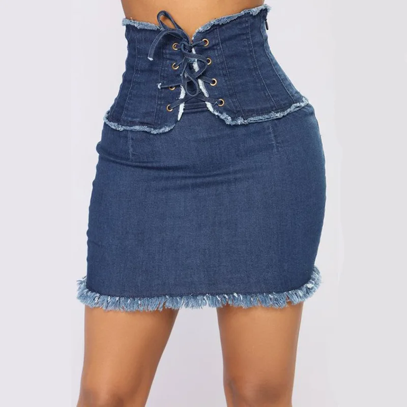 Женская джинсовая мини-юбка, новая сексуальная бандажная высокая талия, джинсовая летняя юбка-карандаш