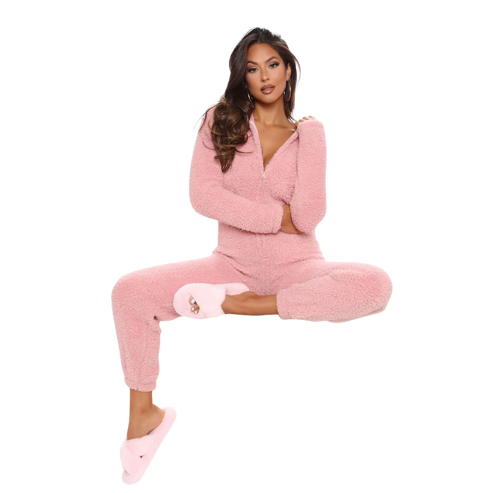 DEWADBOW Winter Warm Pyjamas Women Cute Fluffy Fleece Jumpsuits Sleepwear Overall Plus Size Hooded 1 piece Pajamas For Adults |