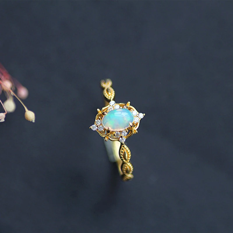 LAMOON 925 Sterling Silver Blue Fire Oval Opal Ring 14K Gold Plated Classic Engagement Rings Fine Jewelry for Women Gift LMRI132 | Украшения