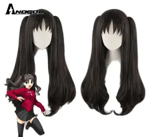 Парик для косплея Anogol из аниме Fate Tohsaka Rin, парик для конского хвоста с двойной клипсой, черные длинные волнистые синтетические парики, волосы для вечевечерние НКИ на Хэллоуин + шапочка