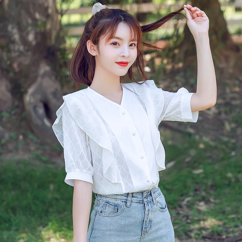 

Korean Chiffon Women Blouses Shirts Woman Ruffles Button Up Shirt Ladies White Tops Lady V-neck Blouse Blusas Mujer De Moda 2020