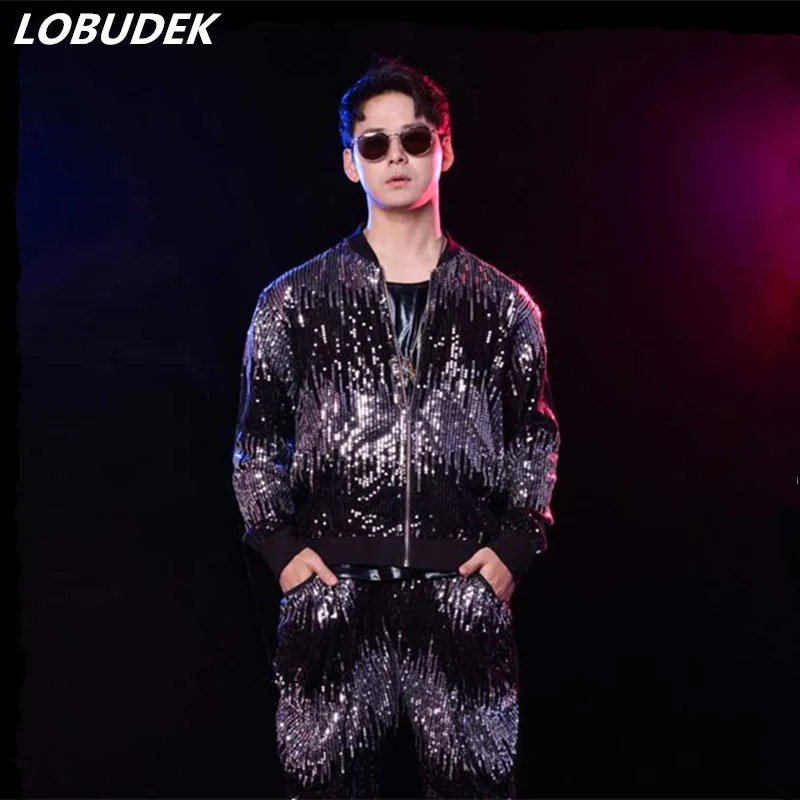 

Мужской костюм для танцев в стиле хип-хоп, костюм для выступлений, мужские блестящие Серебристые черные брюки, жилет, набор из 3 предметов