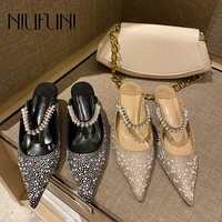 rivet pearl beaded stiletto rhinestone womens sandals 2021 pvc transparent pointed slides slip on fashion sexy slippers sandals