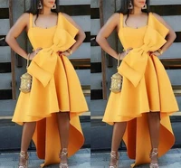 new yellow cheap charming high low a line short cocktail dresses with big bow spaghetti straps homecoming party gowns vestidos