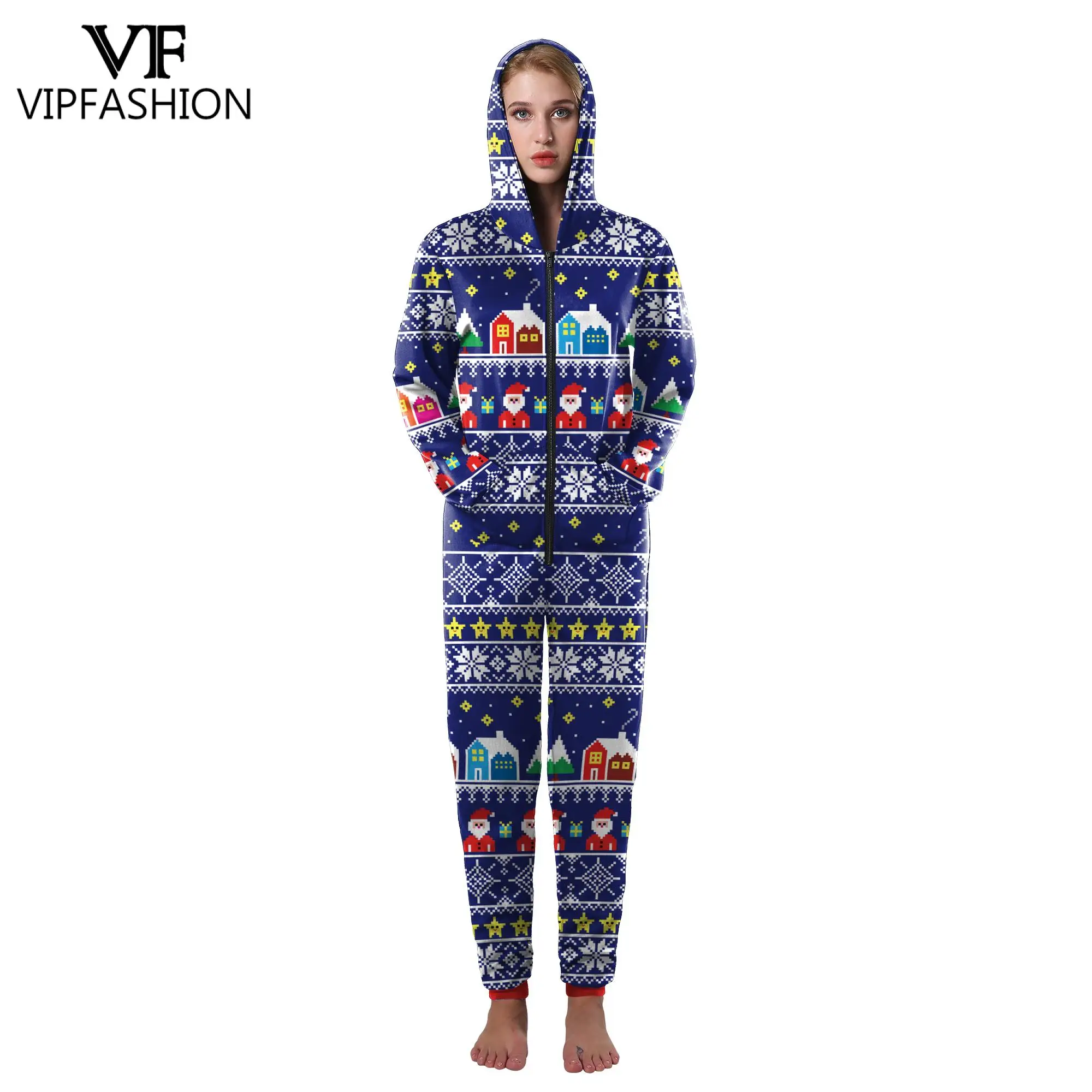 

VIP FASHION Christmas Santa Claus Costume Cartoons Santa Claus Printed Loose Zippers Romper Winter Onesie Cosplay Adult Pyjamas