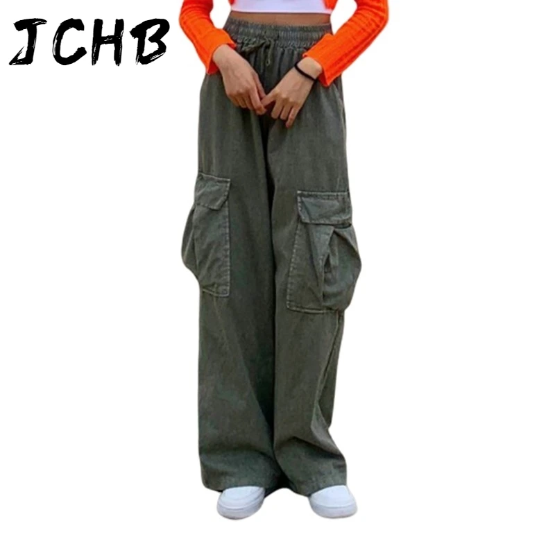 

2021 Autumn Korean Solid Color Girl Retro Overalls Female Casual Loose Wide Leg Pants Hip-hop Cargo Pants Pocket Lace Up Trouser