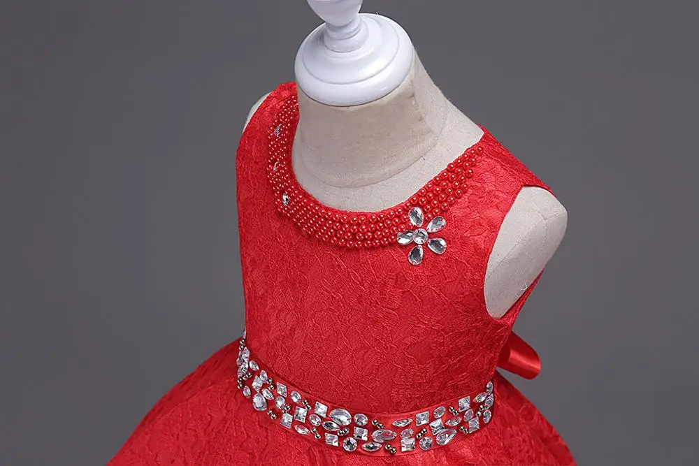 Lace Tea Length Pearl Sash Girl Clothing Princess Evening Dresses for Girls Red Beige Blue Black Asymmetrical Prom Dress | Детская