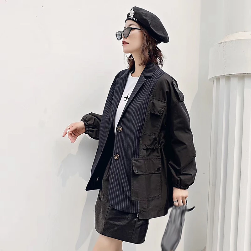 TWOTWINSTYLE хит цветное лоскутное Полосатое Женское пальто зубчатый рукав летучая