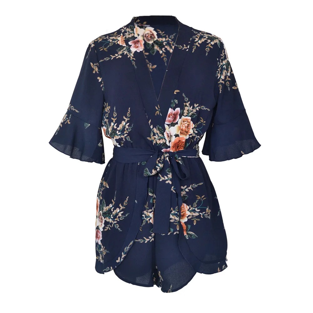

European and American V-neck Ruffled Bohemian Jumpsuit Seaside Holiday Beach Women's Printed Chiffon Rompers&Playsuits