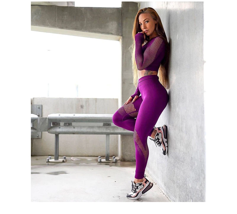 Seamless Yoga Set Sport Outfits Women 2pcs Two Piece Hollow Long Sleeve Crop top Leggings Workout Wear Gym Suit Fitness Sets