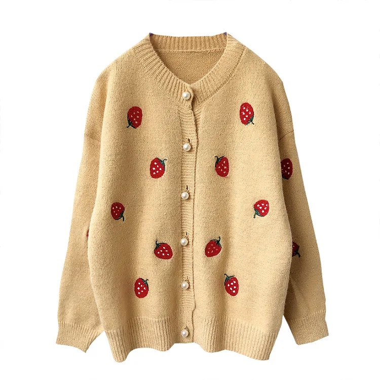 

Cute Strawberry Pattern Loose Sweet Knit Sweater V Neck Long Sleeve Single-breasted Cardigans Casual Pearl Button Femme Coat
