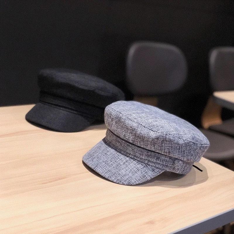 

Cap female spring and autumn cotton hemp flat top Navy cap versatile British octagonal cap Korean leisure student Beret