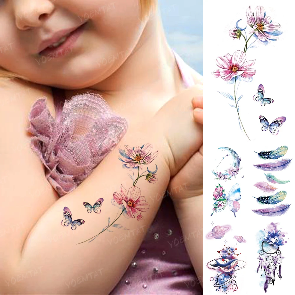 

Waterproof Temporary Tattoo Sticker Moon Butterfly Realistic Body Art Flower Tatoo Pink Arm Tatto Man Woman Child Flash Tattoos
