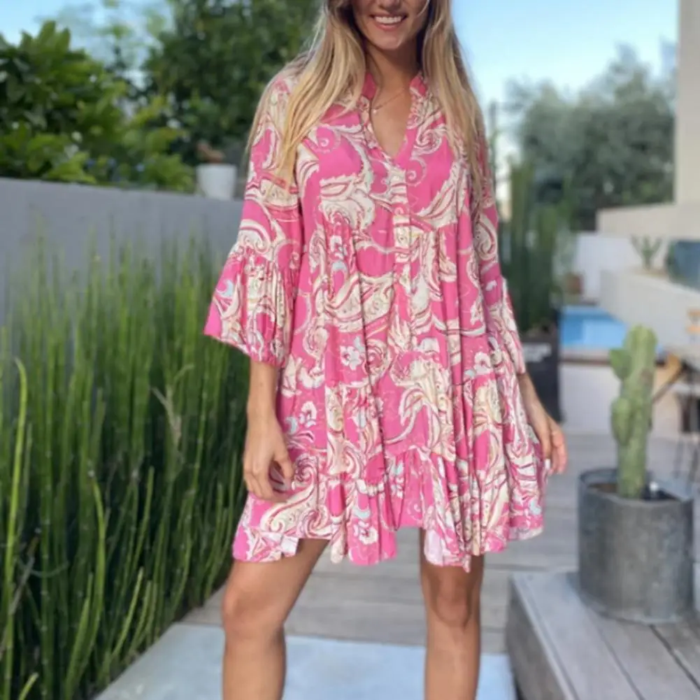 

New Summer Vintage Women Dress Button Half Placket Leisure Flared Sleeve Ethnic Printing Ruffle Loose Dress for Summer Beach