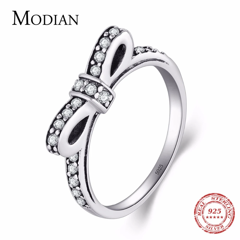 

Modian Authentic Solid 925 Sterling silver Stackable Ring Wedding Fashion bowknot jewelry Sparkling CZ Women Valentine's gift