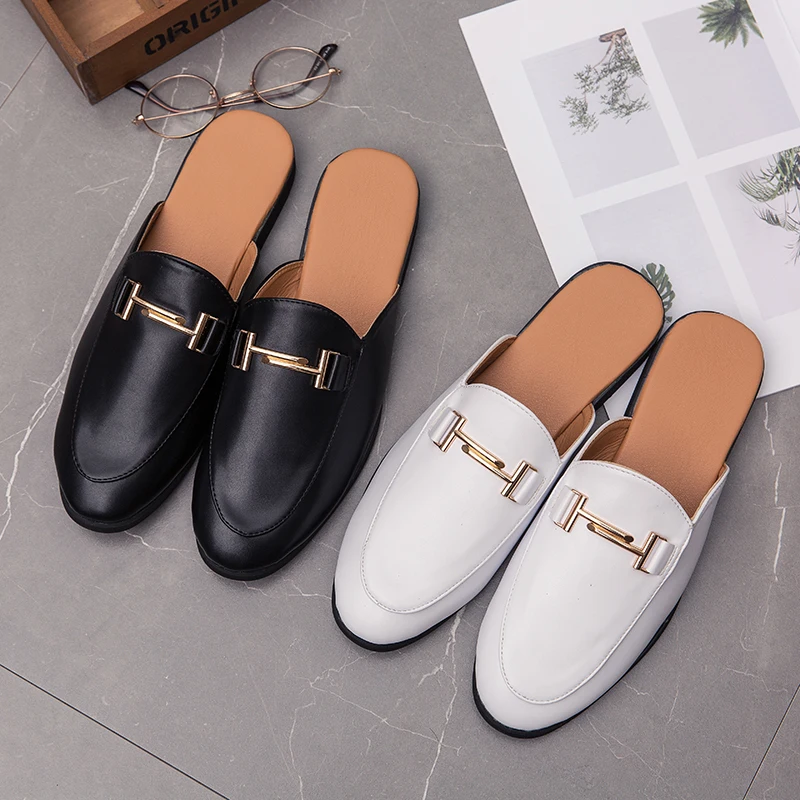 

Mules Men Leather Shoes Summer Casual Slippers Sandals Male Shoes Slip On Men Loafers Fashion Men Flats Moccasins White Black