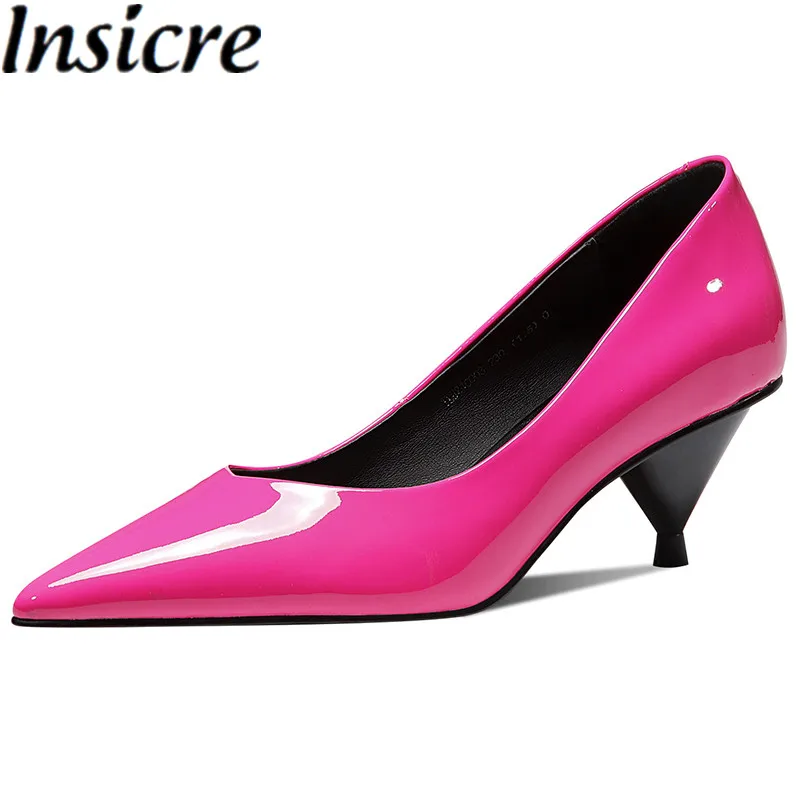 

Insicre Cow Patent Leather 2021 Summer Classics Women Pumps Pointed Toe Shallow Rose Pink Thin High Heel Shoes