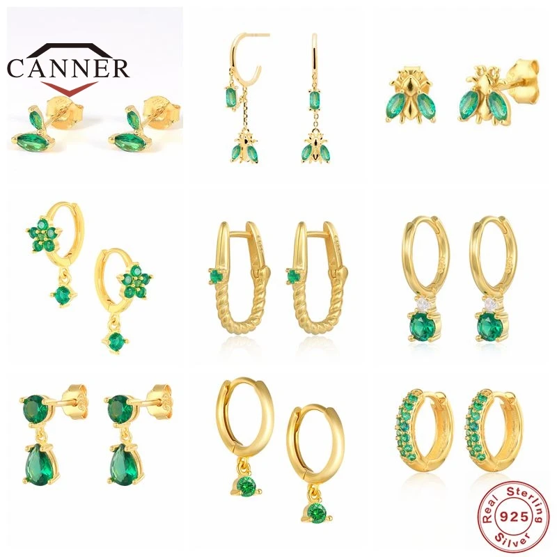 

CANNER Green Zircon Crystal 100% 925 Sterling Silver Piercing Earrings for Women Ear Stud Earring Gift Jewelry Pendients Plata