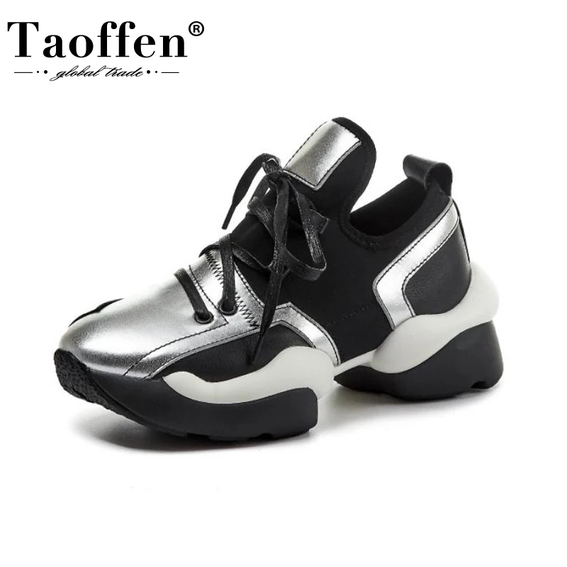 

TAOFFEN Women Real Leather Sneakers Round Toe Thick Bottom Cross Strap Casual Shoes Female Footwear Size 34-42