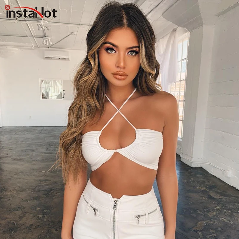 

InstaHot Cut Out Sexy Halter Camis Women Cropped Top Streetwear White Bandage Backless Summer Slim Criss Cross Camisole