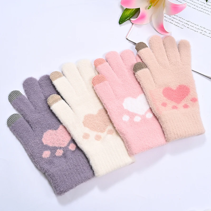 

Autumn Winter Warm Thickened Gloves Love Bear's Paw Cute Cold-proof Decorative Fleece Full-Finger driving cashmere Touch screen