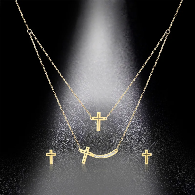

Women's Cross Necklace Earrings Set Dubai Gold Color Stainless Steel African Indian Bridal Wedding Jewelry Sets for Women Girls