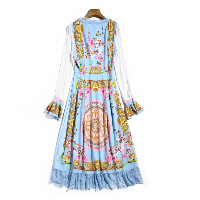 

Runway Autumn New Women'S Elegant Flare Sleeve Print Fashion Lace Patchwork Party Casual Vacation Midi Dress